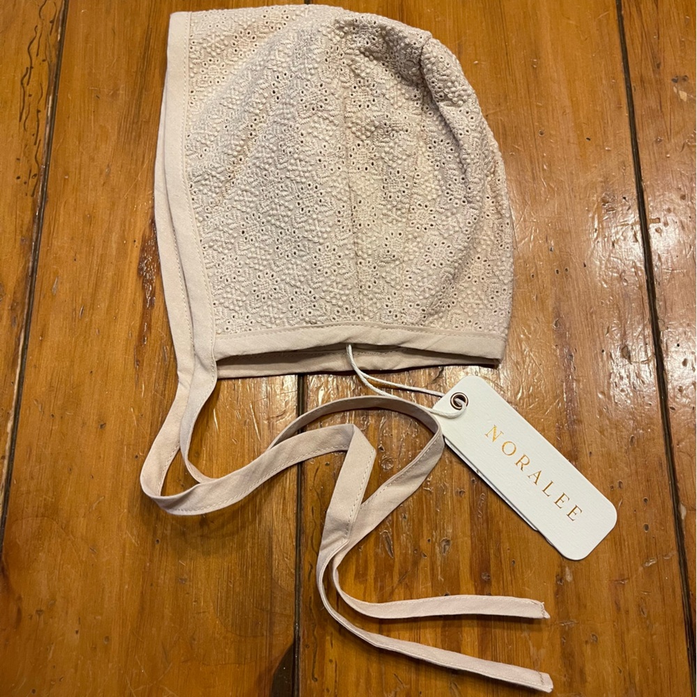 Nora Lee Lace baby bonnet in antique. Size 6M